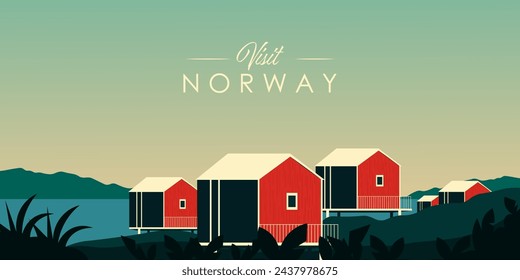 Vector illustration. Visit Norway. Travel banner, horizontal banner, postcard. Norway, fjord. Travel, tourism.