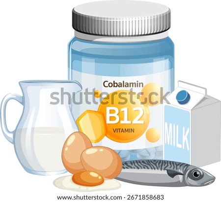 Vector illustration of vitamin B12 supplement jar with milk, eggs, fish, and dairy carton.