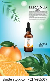 vector illustration vitamin C serum and orange fruit and leaves, design template.