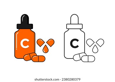 Vektorgrafik von Vitamin-C-Serum mit Kapseln, vollständig mit Linie