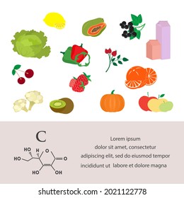 Ilustración vectorial Fuentes de vitamina C. Alimentos sanos y antioxidantes naturales enriquecidos con vitaminas. Nutrición natural adecuada, productos orgánicos dietéticos. Frutos vegetales Berries Jugo Reponer la deficiencia