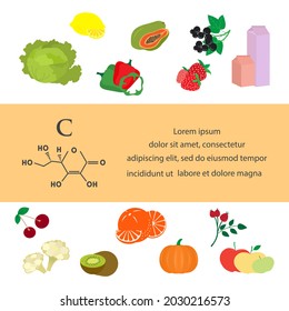 Ilustración vectorial Fuentes de vitamina C. Alimentos sanos y antioxidantes naturales enriquecidos con vitaminas. Nutrición natural adecuada, productos orgánicos dietéticos. Frutos vegetales Berries Jugo Reponer la deficiencia