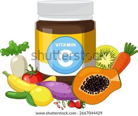 Vector illustration of a vitamin C supplement jar surrounded by colorful fruits and vegetables in a flat, clean, and vibrant style