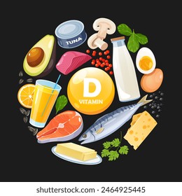 Ilustración vectorial de productos enriquecidos con vitamina D para un estilo de vida saludable.