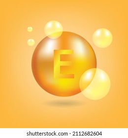 Vektorgrafik, Vitamin E. realistische Vitamin-Kapsel auf gelbem goldenem Hintergrund, Wellness-Zusatz. Gesundheitskonzept
