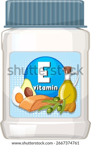 Vector illustration of a vitamin E supplement bottle label, highlighting salmon, avocado, egg, olive oil, olives, and almonds in a clean, flat style