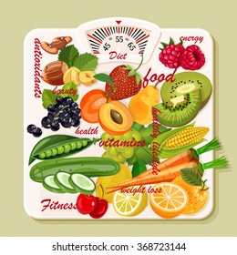 Vector illustration of vitamin groups. Fruit and vegetables set.