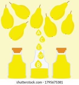 vector illustration of vitamin pear juice in bottles on colored background