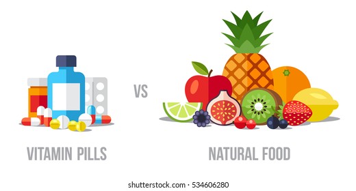 Vector illustration of vitamin pills vs. natural food. Healthy eating concept. Flat style.