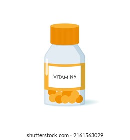 Ilustración vectorial de la vitamina en recipiente de plástico.  Botella de vidrio con vitaminas en forma plana.