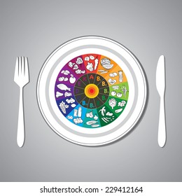 vector illustration of vitamin wheel with foods on plate