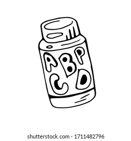 Vector illustration of vitamins in a box with a label and lid. An isolated image on a white background, can be used in printed materials, social networks for fitness bloggers, and dietologists.