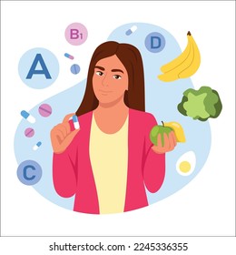 Vector illustration of vitamins. Cartoon scene with a girl who does shows where you can get vitamins both from tablets and from vegetables and fruits on white background.