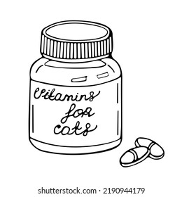 Ilustración vectorial de vitaminas para gatos. Un objeto aislado hecho de gato trata al estilo de garabatos. Medicina veterinaria para gatos