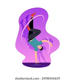 Vector illustration of a vivid performance in breakdancing. A young guy does a handstand, a dynamic pose with the atmosphere of an urban street dance.