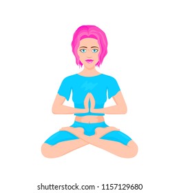 Vector illustration of a vivid pink haired girl in blue suit sitting in lotus pose. Isolated on the white background.