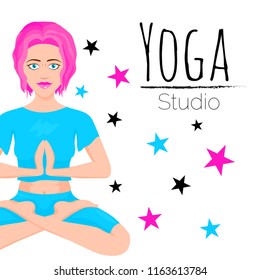 Vector illustration of a vivid pink haired girl in blue suit sitting in lotus pose on the left. Stars. Text Yoga Studio. Isolated on the white background.