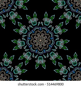 Vector illustration. Vivid repeating floral - For easy making seamless pattern use it for filling any contours. Sketch in green, blue and violet colors.