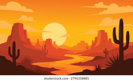 
Vector illustration of vivid Wild West Canyon Vistas with Large Setting Sun and Cactus Formations over Rocky Valley