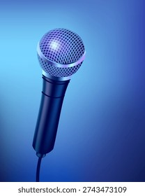 Vector illustration for vocal talent promotion with a realistic microphone, calm background and soft light. Professional music concept for singers, auditions, vocal coaching, studios, podcasts and creative sound projects.