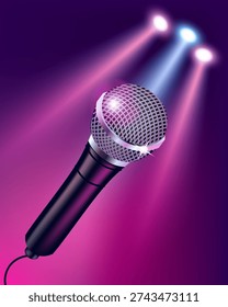 Vector illustration for vocal talent promotion with a realistic microphone, calm background and soft light. Professional music concept for singers, auditions, vocal coaching, studios, podcasts and creative sound projects.