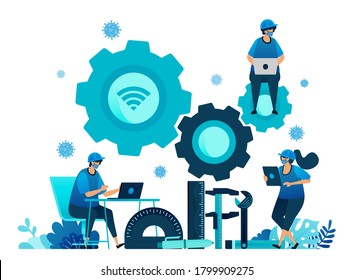Vector illustration of vocational education scholarships and e-learning to support human resources during the covid-19 virus pandemic. Symbols of machines tools. Landing page, web, website, banner
