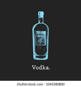Vector illustration of vodka bottle. Hand drawn sketch of alcoholic beverage for cafe, bar label, restaurant menu.