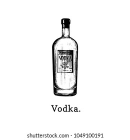 Vector illustration of vodka bottle. Hand drawn sketch of alcoholic beverage for cafe, bar label, restaurant menu.
