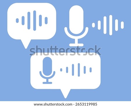 Vector illustration of voice message icons including microphone, waveform, and chat bubble symbols, ideal for messaging apps and voice UI interfaces, representing podcast, voice input, AI assistant,