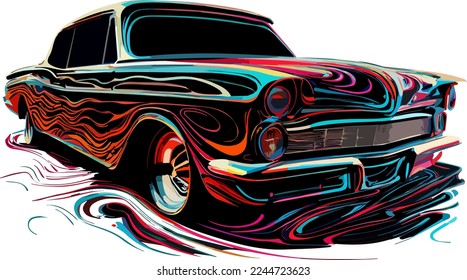 Vector illustration. Voka art, Artistic painting, retro car in bright color