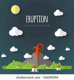 Vector illustration of a volcanic eruption. Beautiful mountain landscape, sky, clouds, stars, village houses. Material flat design with volume elements and shadow.