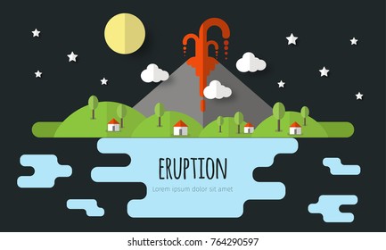Vector illustration of a volcanic eruption. Beautiful mountain landscape, sky, clouds, stars, village houses. Material flat design with volume elements and shadow.