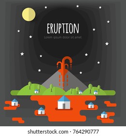 Vector illustration of a volcanic eruption. Beautiful mountain landscape, sky, clouds, stars, village houses. Material flat design with volume elements and shadow.