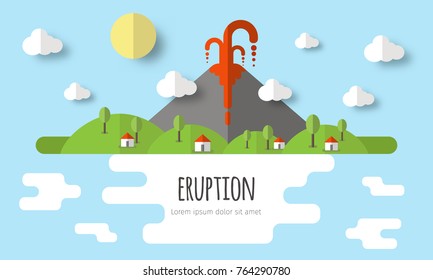 Vector illustration of a volcanic eruption. Beautiful mountain landscape, sky, clouds, stars, village houses. Material flat design with volume elements and shadow.