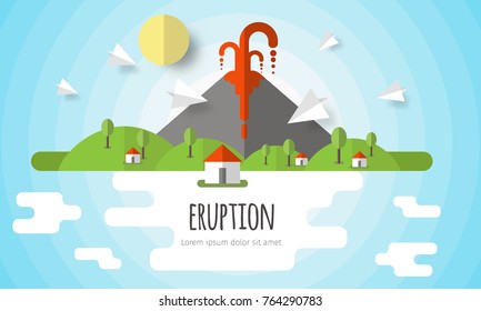 Vector illustration of a volcanic eruption. Beautiful mountain landscape, sky, clouds, stars, village houses. Material flat design with volume elements and shadow.