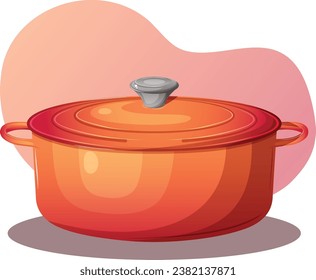 Vector illustration of a volcanic, vibrant flaming red orange Dutch oven used for cooking, on a white background
