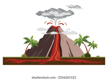 Vector illustration of a volcano eruption. Cartoon scene of a landscape with the process of a volcanic eruption with an outpouring of lava, ash, clouds of smoke, palm trees, bushes, grass, earth.