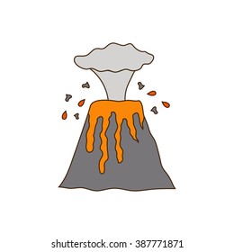 Vector illustration with volcano eruption. Hand drawn cartoon volcano eruption concept. Vector volcano on natural disaster theme. Volcano disaster with magma and steam. Vector volcano eruption