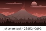 Vector illustration of volcano with smoke eruption. Volcano landscape in the night. Volcanic landscape for background, wallpaper, or landing page. Landscape nature illustration with gradient style