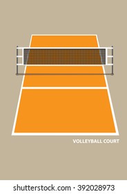 Vector illustration of a volley ball court with net in elevation view from one end isolated on brown plain background. 