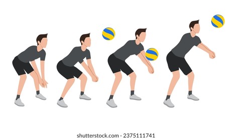 Ilustración vectorial del jugador de voleibol de bajo paso, técnica de voleibol, voleibol de punta, habilidades de voleibol aisladas en fondo blanco