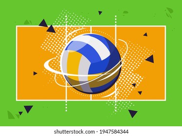 Vector illustration of a volleyball ball on the background of a volleyball court, top view