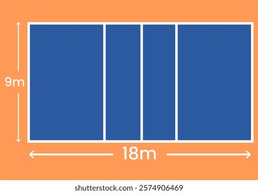 A vector illustration of a volleyball court with dimensions of 9 meters by 18 meters. The court is blue with white lines dividing it into three sections and showing the dimensions. The background is o