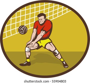 vector illustration of a Volleyball player about to strike ball set inside an oval