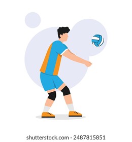 Vector illustration of a volleyball player hitting the ball. Cartoon scene of a handsome guy playing a sports team game, wearing sports shorts and a t-shirt, knee pads, isolated on a white background.
