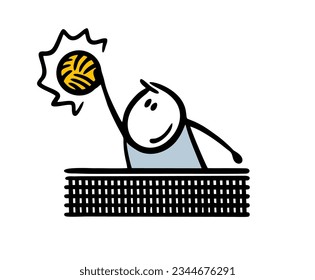 Vektorgrafik eines Volleyballspielers, der über das Netz springt und den Ball trifft. Sportmannschaftsspiel. Einziger Charakter auf weißem Hintergrund.