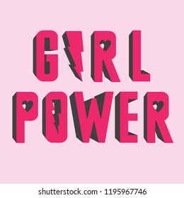 Vector illustration of volume 3D lettering Girl Power with lightning, heart shaped letters isolated on pink background, fashion old school print for t shirt, retro 80th, 90th style