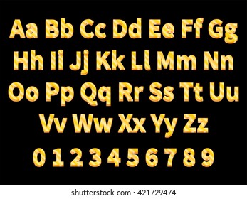 Vector illustration volumetric gold letters on a black background. English alphabet with numbers. Large and small letters. 
