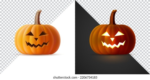 Vector illustration of volumetric Jack-o-lanterns for Halloween. Isolated template of 3D realistic pumpkin with carved smiling face on transparent background. Autumn holiday, All Saints Eve.