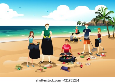 A Vector Illustration Of Volunteer Cleaning Up Trash On The Beach